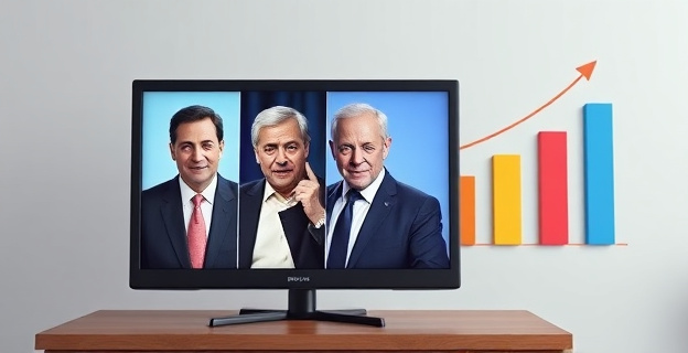 Una televisión con una pantalla dividida, mostrando imágenes de políticos de diferentes partidos, con un gráfico de barras en el fondo que indica un desequilibrio en la cobertura mediática.