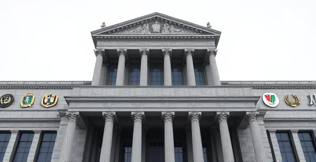 Edificio judicial con logos institucionales en la fachada, mostrando un contraste entre la seriedad del tribunal y la presencia visible de emblemas gubernamentales y autonómicos.