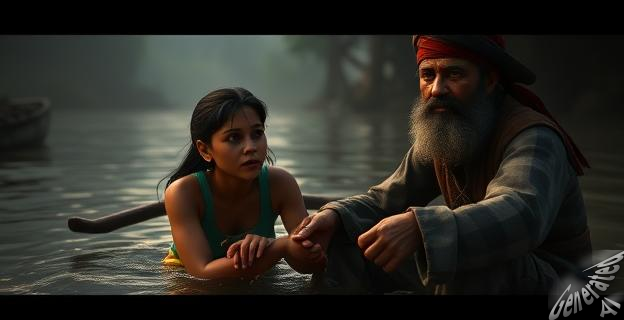 Una imagen de una madre desesperada y un pirata de río en un entorno de río oscuro y amenazante, con un fondo que sugiere la lucha contra la corrupción y la trata de personas.