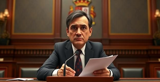 Imagen de un hombre político en una sala de reuniones del Senado, con documentos y un micrófono delante, con expresión de defensa y un fondo con un escudo de España. Sin incluir nombres ni personas reconocibles.