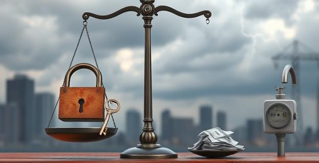 Una balanza de la justicia inclinada marcadamente hacia un lado, con un candado oxidado y una llave rota en el lado que representa la propiedad, y un grifo goteando sobre una pila de facturas impagadas en el otro. Al fondo, siluetas de edificios urbanos bajo un cielo nublado, con un rayo estilizado cayendo sobre un contador de electricidad.