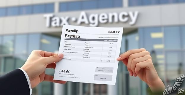 Una imagen de una persona recibiendo una nómina con un incremento de 340 euros, con un fondo de la sede de la Agencia Tributaria