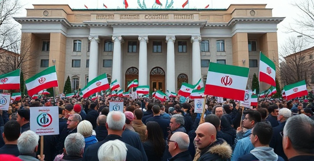 Una multitud de personas con pancartas y banderas iraníes frente a un edificio gubernamental, con un ambiente de protesta pacífica pero decidida