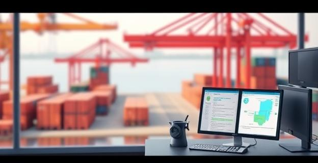 Imagen de un puerto marítimo con grúas y contenedores al fondo, y un despacho con documentos y pantallas de ordenador en primer plano, representando la gestión administrativa del puerto.