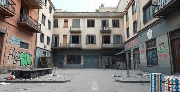 Imagen de un edificio abandonado okupado con grafitis y basura alrededor, mostrando un entorno de abandono y negligencia urbana en una ciudad española.