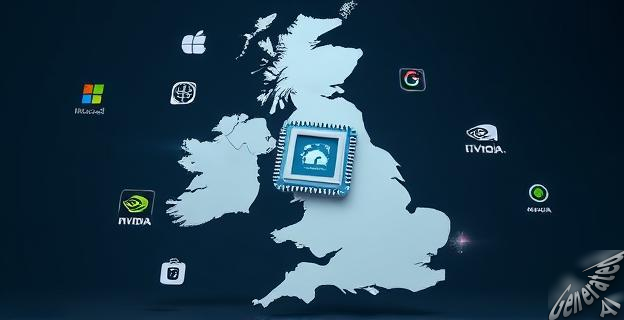 Una imagen de un mapa de Reino Unido con un gran logo de una CPU o un robot en el centro, rodeado de iconos de empresas tecnológicas como Microsoft, Google y Nvidia.