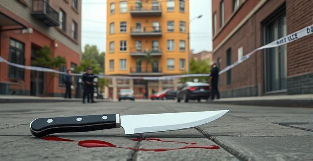Una escena de una calle urbana con un edificio de viviendas al fondo, con presencia policial y cintas de seguridad. Al frente, un cuchillo grande en el suelo y gotas de sangre en la acera.