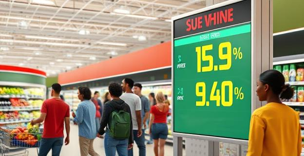Una imagen de una tienda de una gran cadena de supermercados con un letrero que muestra precios altos, mientras que al fondo se ve un grupo de personas de diferentes etnias y colores de piel comprando