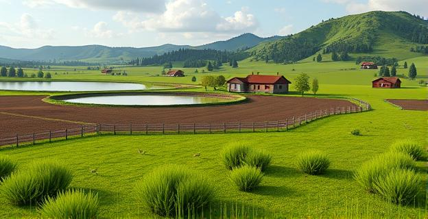Paisaje rural con embalse y granja porcina al fondo
