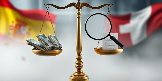 Una balanza de la justicia con una mano conteniendo fajos de billetes y la otra con una lupa sobre documentos legales. El fondo es una representación abstracta de las banderas de España, Francia y Suiza desvaneciéndose en la niebla. Estilo hiperrealista con toques de expresionismo.