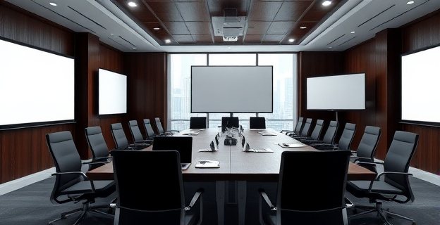 Una sala de reuniones corporativa vacía con pantallas y proyectores apagados, rodeada de sillas vacías y una mesa de madera oscura con varios portátiles cerrados y algunos documentos dispersos. Al fondo, una ventana con vista a una ciudad moderna y luminosa.