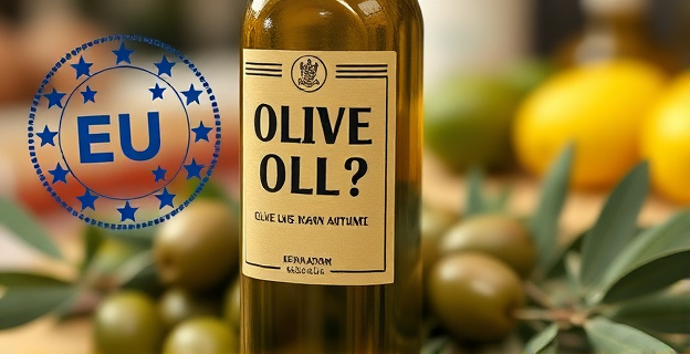 Una imagen que represente un frasco de aceite de oliva con una etiqueta cuestionable, junto a un sello de la UE con un tono de advertencia o crítica, sobre un fondo que sugiera un mercado o una cocina. El frasco podría estar rodeado de olivas y elementos que evoquen la producción y el comercio de aceite de oliva.