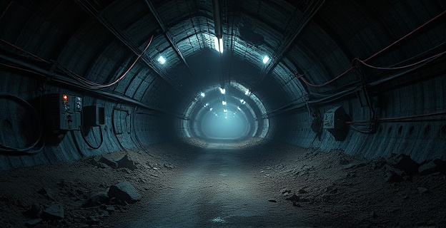 Un túnel subterráneo oscuro y profundo con cables y estructuras metálicas, rodeado de tierra y rocas, iluminado por luces de videovigilancia en una zona industrial abandonada