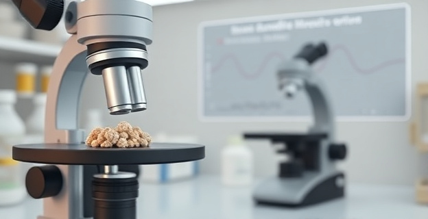 Imagen de un laboratorio con un microscopio y una placa de Petri con colonias de hongos. Al fondo, un gráfico que muestra la estructura genética de Candida auris y su mecanismo de captación de hierro.