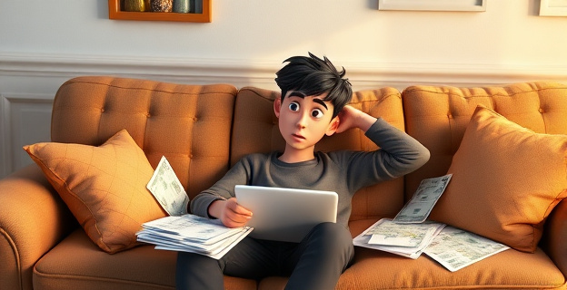 Imagen de un joven sentado en un sofá, con una expresión de desánimo, rodeado de facturas y documentos, simbolizando la falta de motivación y la dependencia de los demás.
