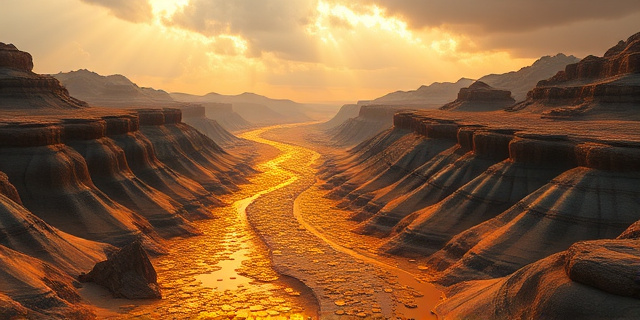 Una representación abstracta de un río dorado serpenteando a través de un paisaje montañoso y árido. El río está formado por monedas de oro y lingotes, que se desvanecen en la distancia. El cielo está nublado y tormentoso, con rayos de luz que iluminan el río dorado. El estilo artístico debe ser expresionista y dramático, utilizando colores cálidos y contrastantes.