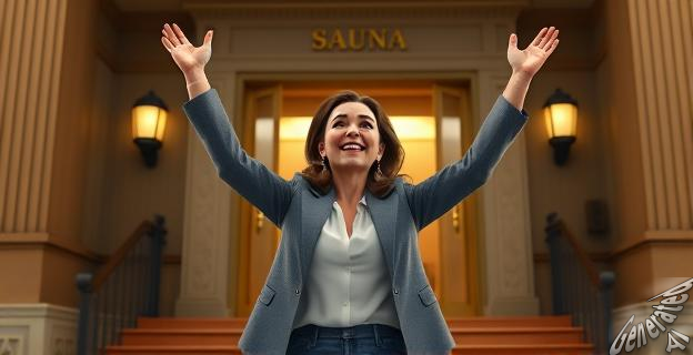 Ilustración que representa a Shannon Burns, una mujer profesional, celebrando su victoria en un juicio frente al tribunal de Birmingham. En segundo plano, se observa una sauna con una puerta entreabierta, sugiriendo el incidente que condujo al juicio. La imagen debe transmitir un sentido de triunfo y justicia.