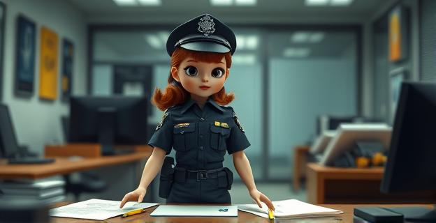 Imagen de una muñeca con uniforme de policía en un entorno de oficina con papeles y lápices alrededor