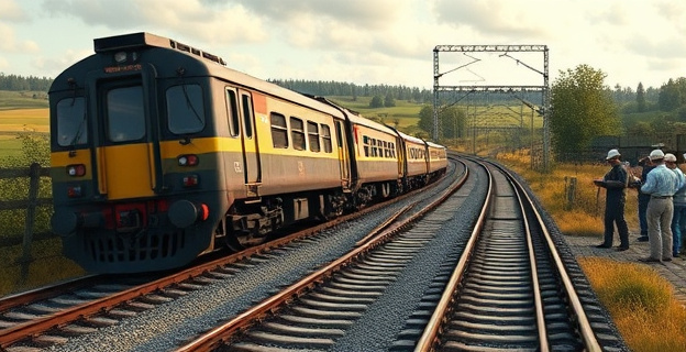 Imagen de una locomotora descarrilada en un paisaje rural con vías de tren en primer plano y técnicos de ingeniería trabajando en el fondo, con un ambiente de investigación y análisis