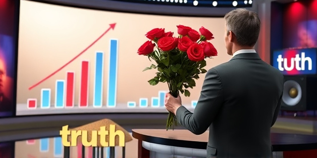 Una ilustración satírica de un set de televisión moderno donde el presentador sostiene un ramo de rosas rojas brillantes mientras que, detrás de él, los gráficos de audiencia suben pero las palabras 