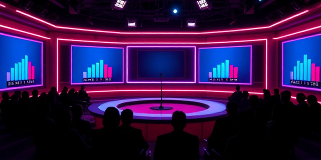 Un estudio de televisión con luces de neón, una mesa de conferencias con un micrófono central, un público de sombras que representan a la audiencia, y una pantalla mostrando un gráfico de barras con números que simbolizan la cantidad de entrevistas; sin rostros ni nombres, solo la atmósfera de debate y la tensión del discurso.