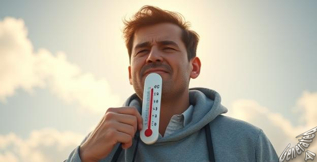 Una imagen de una persona sudando con un termómetro marcando 40 grados centígrados en un fondo de cielo soleado