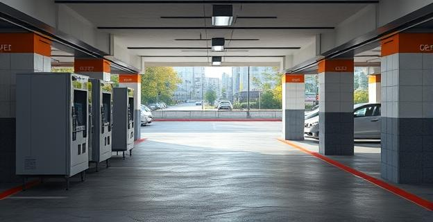 Imagen de un aparcamiento subterráneo con máquinas expendedoras de tickets y puertas de garita dañadas. Al fondo, se ve una calle con coches y edificios.