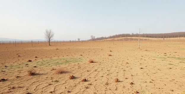 Un paisaje desolado de campos abandonados y secos en la Comunidad Valenciana, con algunas parcelas mostrando los efectos de la erosión y la degradación del suelo