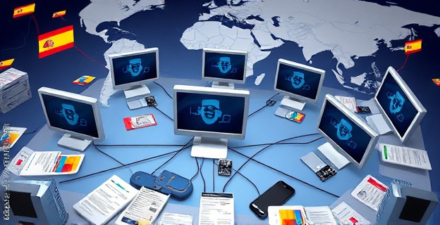 Una red de ordenadores y dispositivos móviles con conexiones internacionales, rodeada de documentos fraudulentos y tarjetas SIM, con un mapa de España y Nigeria al fondo.