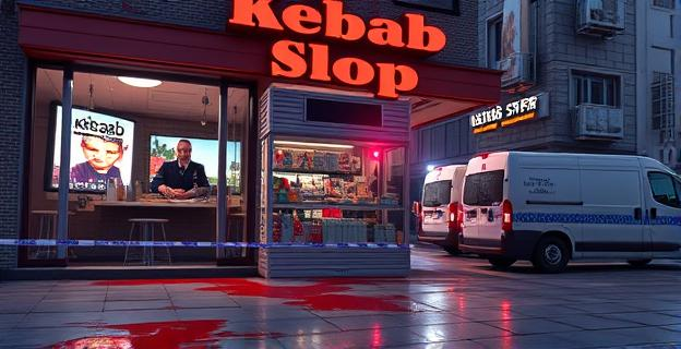 Un local de Kebabs en Vallecas con cristales rotos y sangre en el suelo, mientras al fondo se ven policías y ambulancias