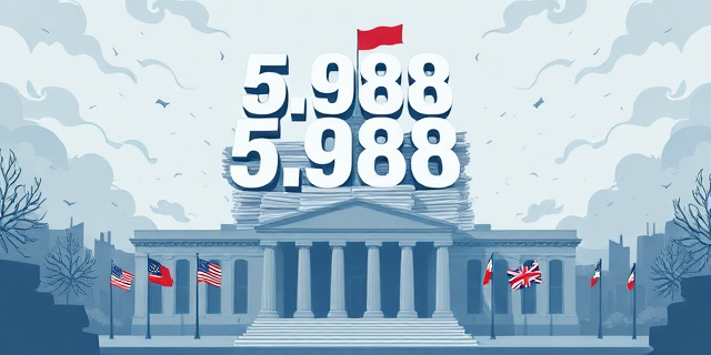 Ilustración estilizada de un edificio gubernamental con una enorme pila de documentos y un número 5.988 millones flotando sobre él, sombras de banderas y símbolos de sindicatos, todo en tonos grises y azules que reflejan tensión y caos administrativo