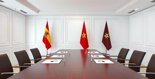 Una sala de reuniones oficial con banderas de España y Marruecos, una mesa con documentos y bolígrafos preparados para la firma de acuerdos, con un ambiente de cooperación y diplomacia