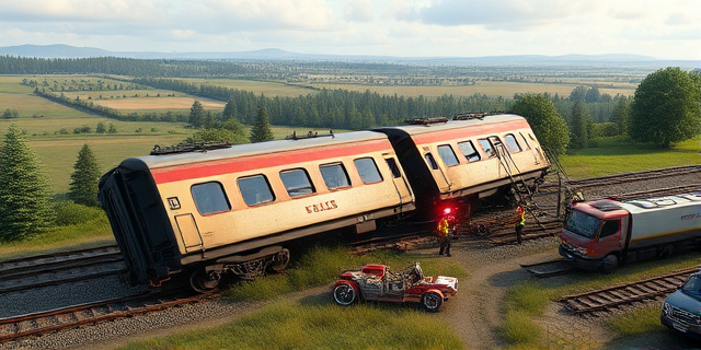 Un tren descarrilado en un paisaje rural, con servicios de emergencia y personal de rescate en el lugar
