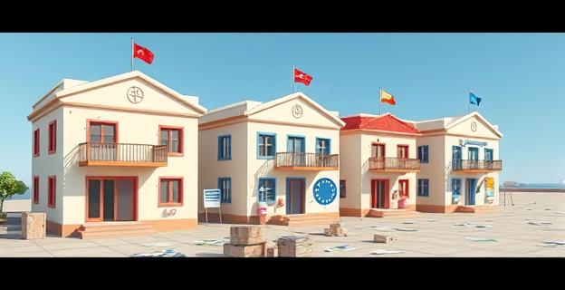 Edificios de centros de menores en Canarias con símbolos europeos, dinero en efectivo y documentos contables esparcidos