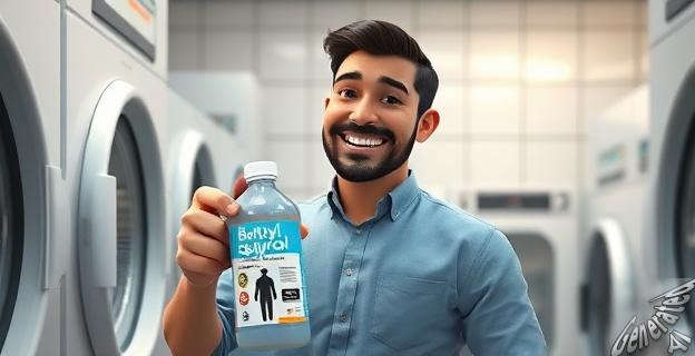Un hombre en una lavandería sosteniendo un frasco de Butilglicol y sonriendo mientras elimina una mancha de grasa de una camisa