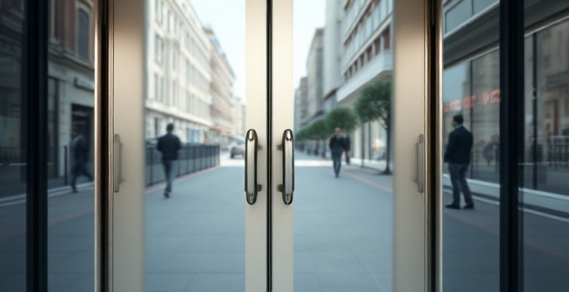 Una puerta de metal reforzada con cerraduras de alta seguridad instalada en un edificio comercial moderno en Barcelona, con un fondo de calles urbanas y gente pasando.
