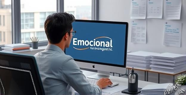 Una imagen de una persona trabajando en un despacho con un logo de Emocional Technologies22 SL en la pantalla del ordenador, rodeado de papeles y documentos de contratos públicos.