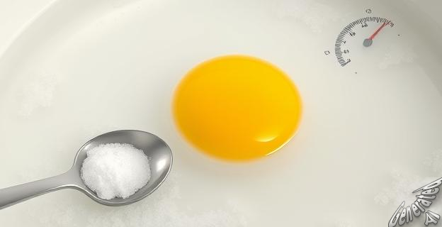 Una imagen de un huevo cocido en agua salada con una cucharada de sal y un termómetro mostrando 100 ºC.