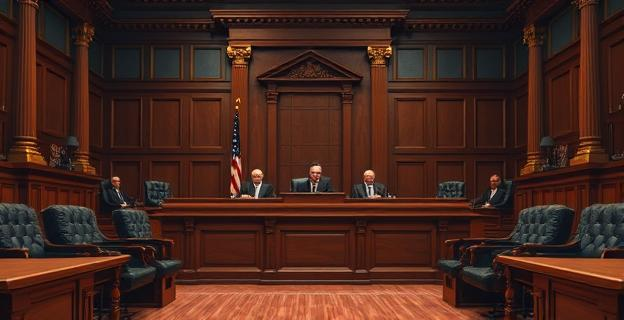 Una sala del Tribunal Supremo con jueces en sesión solemne, con una mesa de madera oscura y sillas de cuero, con un ambiente de seriedad y solemnidad