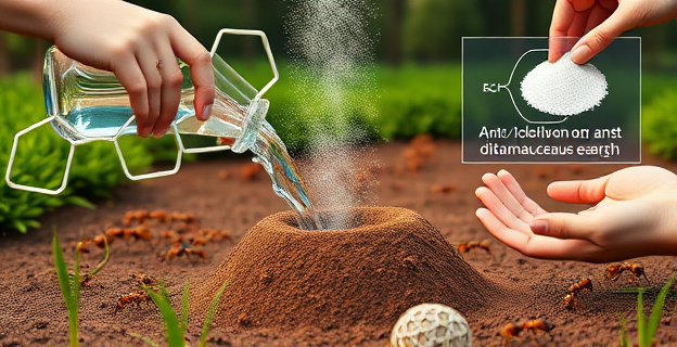 Imagen de un jardín con hormigas en el suelo, con una mano vertiendo agua hirviendo en un hormiguero y otra mano espolvoreando tierra de diatomeas alrededor. En el fondo, una representación sutil de moléculas de eugenol y un gráfico que muestra la deshidratación de hormigas al contacto con la tierra de diatomeas.