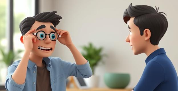 Una persona tocándose el pelo mientras habla con otra en un entorno de conversación cotidiano, mostrando diferentes gestos y expresiones faciales que reflejan diversas emociones y estados psicológicos.