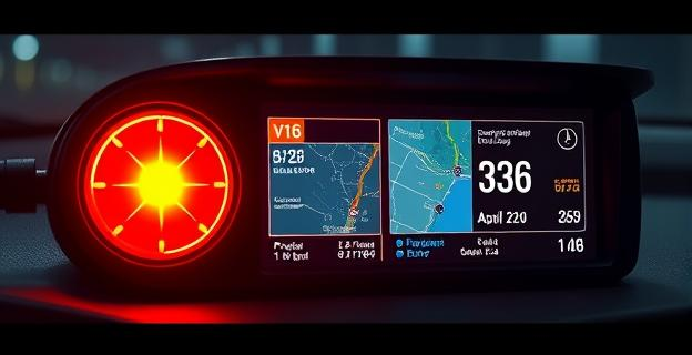 Una luz de advertencia V16 en un coche con geolocalización activada mostrando un mapa con coordenadas precisas y un campo de datos con información de altitud y margen de error
