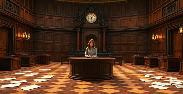 Imagen de una sala del Senado español con una figura femenina sentada en una mesa de testigos, con un ambiente serio y documentos esparcidos