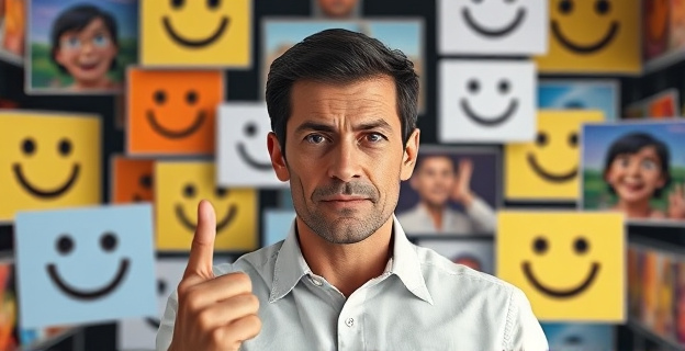 Una persona con gesto serio en una foto rodeada de imágenes sonrientes y coloridas