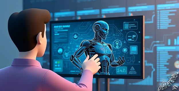 Ilustración de una persona interactuando con una pantalla que muestra un robot avanzado con circuitos y engranajes visibles, representando la IA agéntica de DeepSeek.