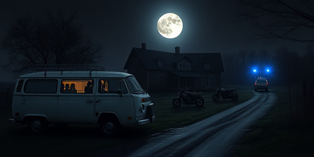 Una ilustración conceptual estilo editorial. Una furgoneta blanca antigua estacionada frente a una granja rural abandonada bajo la luz de la luna. Dentro de la furgoneta y alrededor de la granja se ven siluetas de motocicletas modernas. El ambiente es oscuro, con un contraste fuerte de luces azules y rojas de policía iluminando el camino de tierra desde la distancia.