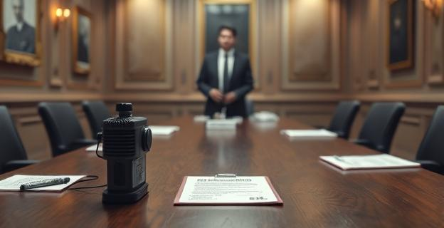 Sala de reuniones con grabadora y documentos sobre una mesa, con una figura borrosa de un hombre en el centro, representando una reunión clandestina de alto nivel político.