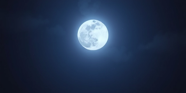 Una representación artística de una luna llena brillante en un cielo nocturno profundo y oscuro, con sutiles tonos azulados y morados. La luna está rodeada por una nebulosa tenue y brillante, y una estrella roja prominente se encuentra cerca de ella. El estilo es onírico y etéreo, con pinceladas sueltas y texturas suaves.