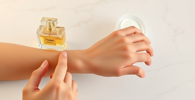 Una imagen de una persona aplicando perfume en su muñeca, con un frasco de perfume y un tarro de vaselina en el fondo, sobre una superficie de mármol blanco. La escena muestra contraste entre la aplicación correcta del perfume y el truco viral de la vaselina.