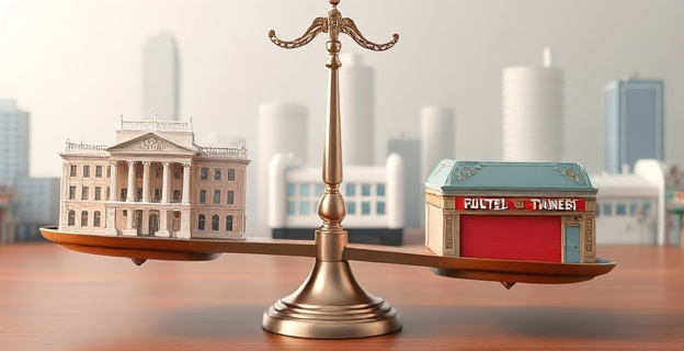 Una balanza inclinada hacia un lado, con un lado lleno de edificios institucionales y el otro con pequeñas empresas en declive, con cifras en fondos públicos en el fondo